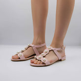 Sandale dama roz pudrat din piele ecologica cu perle decorative